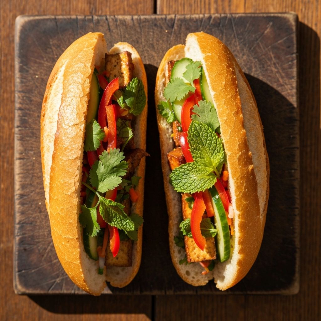 Vietnamese-style bánh mì sandwich cut in half showing colourful fillings
