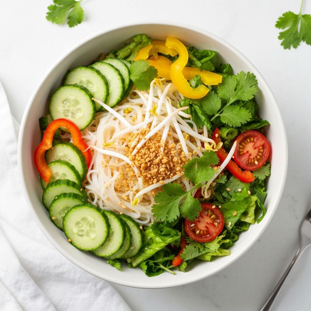 Fresh rice noodle salad bowl with herbs and vegetables